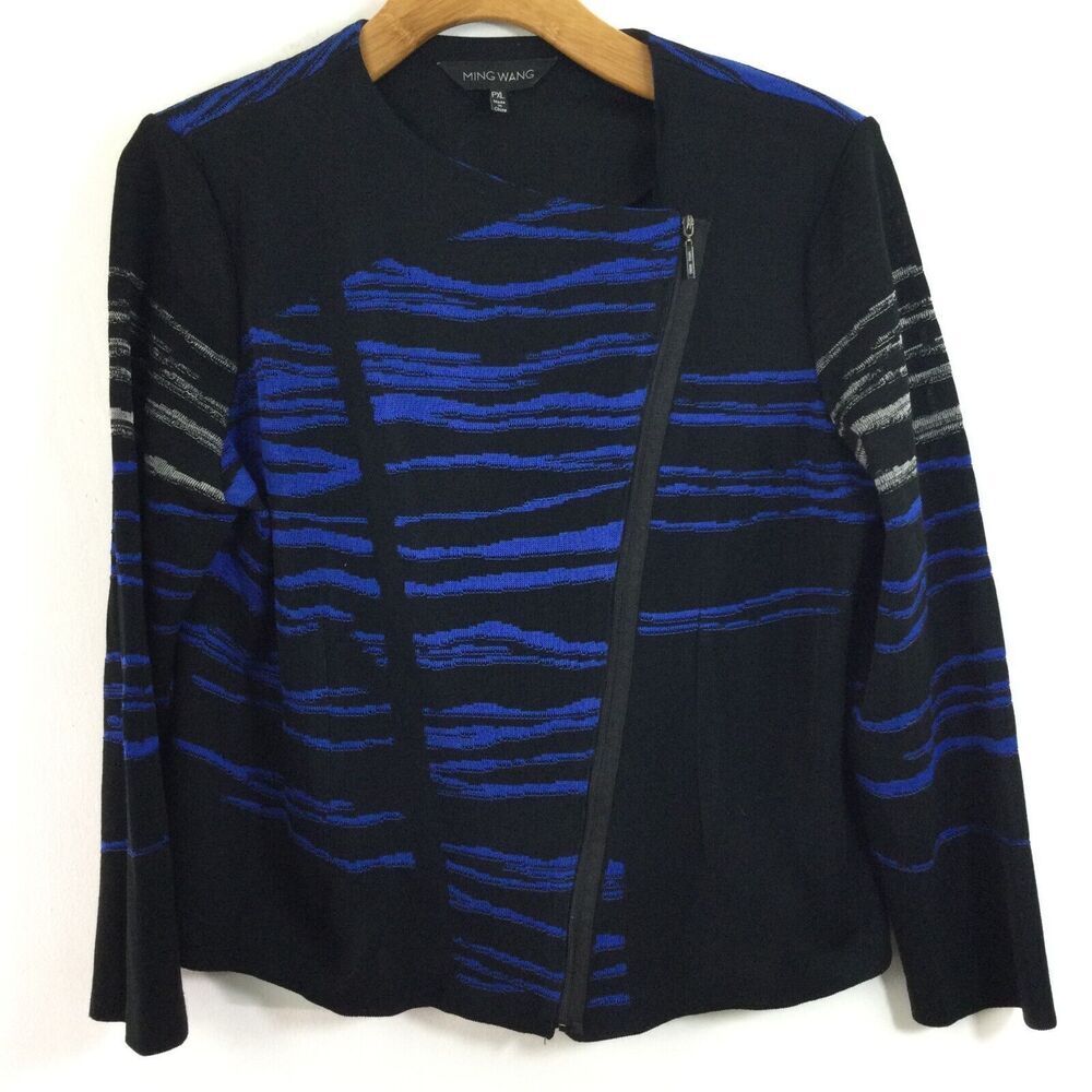 Ming Wang Abstract Striped Asymmetric Zip Knit Jacket Moto Black/Blue Size PXL